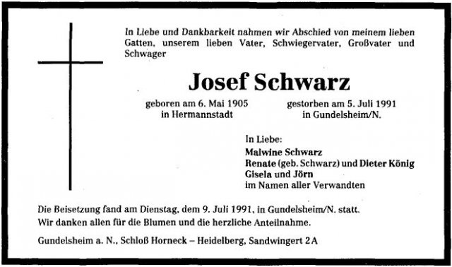 Schwarz Josef 1905-1991 Todesanzeige